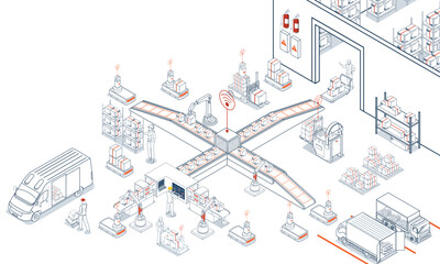 Logistics Warehouse Work Process Concept with Transportation operation service, Industrial Internet of Things and Autonomous Robot. Vector illustration EPS 10
