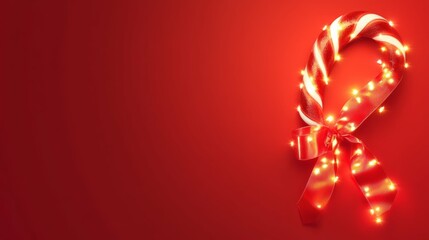 Glowing candy cane on a festive red background.Christmas holiday background