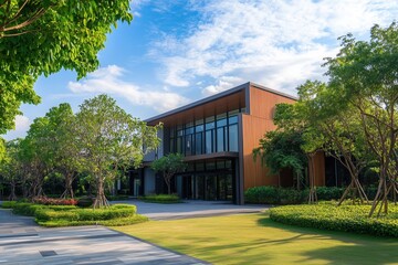 Modern building with glass windows and wooden facade, surrounded by lush greenery.