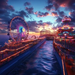 Obraz premium A vibrant amusement park at sunset, featuring a ferris wheel and roller coaster by the water.