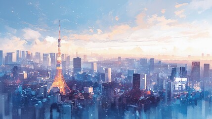Obraz premium 東京の都市景観の水彩画4
