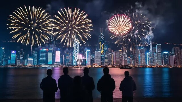 Spectacular New Year fireworks display lighting up the city skyline. Concept of celebration and festive joy welcoming the new year.
