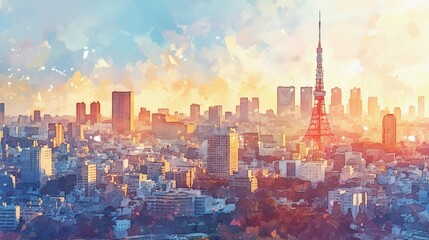 Obraz premium 東京の都市景観の水彩画10