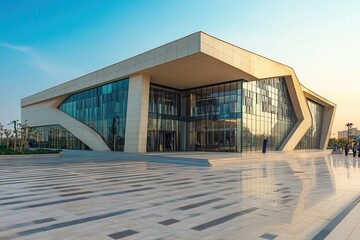 Obraz premium Modern glass and concrete building with geometric design.