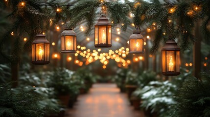 Festive indoor winter garden with hanging lanterns, evergreen branches, and string lights creating a warm, magical atmosphere