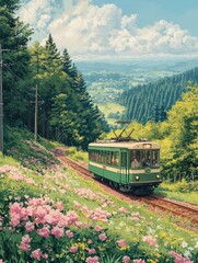 Naklejka premium green and white tram train, green trees, pink flowers, forests, mountains