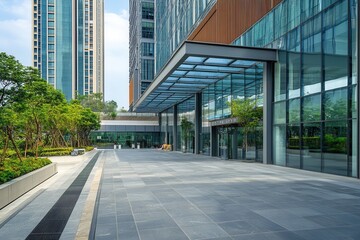 Modern glass building entrance with a canopy and paved walkway.