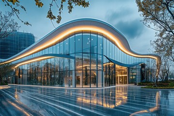 Fototapeta premium Modern glass building with curved design and glowing lights.