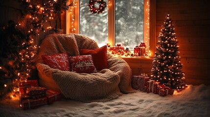 Cozy winter reading nook decorated with Christmas lights, holiday-themed pillows, and a mini Christmas tree beside the chair