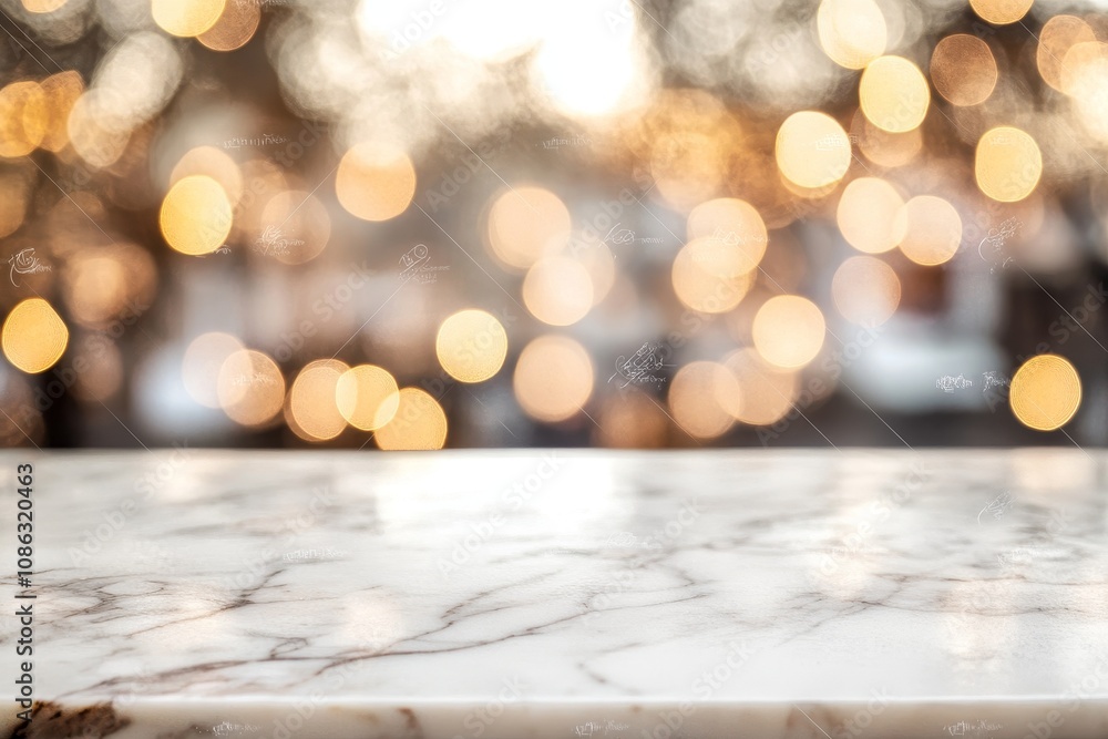 Aufkleber Marble table top with blurred bokeh lights in background.