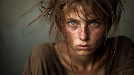 Fototapeta premium Vulnerable Close-up Portrait of Young Homeless Woman with Tangled Hair and Worn Expression in Moody Lighting