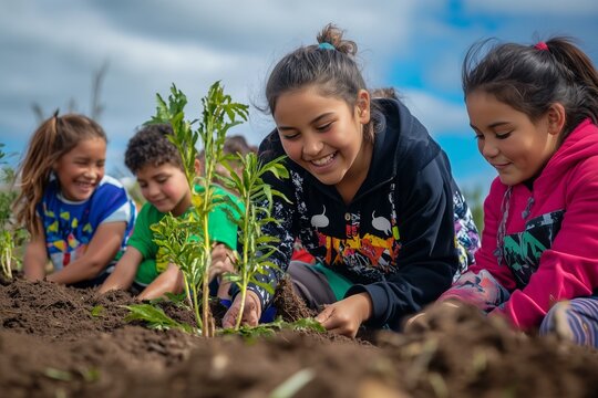 A group of Māori children planting native trees in a community conservation project, wearing colorful clothing and smiling: A vibrant scene of environmental stewardship and cultural pride