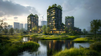 Fototapeta premium A vibrant and eco-friendly city showcasing modern architecture powered by renewable energy. Features lush greenery, water reflections, and sustainable design elements.