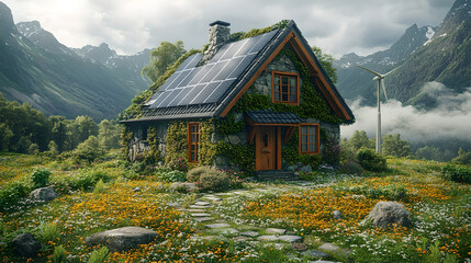 Fototapeta premium A futuristic home powered by advanced battery technology, nestled in a scenic landscape with solar panels and wind turbines, embodying sustainability and harmony with nature.