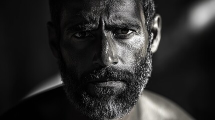 Portrait of Middle-aged Homeless Man with Tired Eyes, Beard, and High Contrast Shadows on Dark Olive Skin