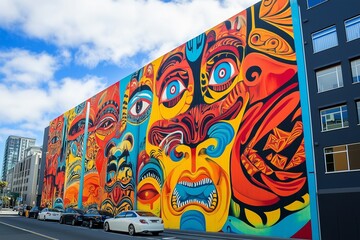 A vibrant mural depicting Māori myths and legends, with bold colors and intricate designs in a bustling urban setting: