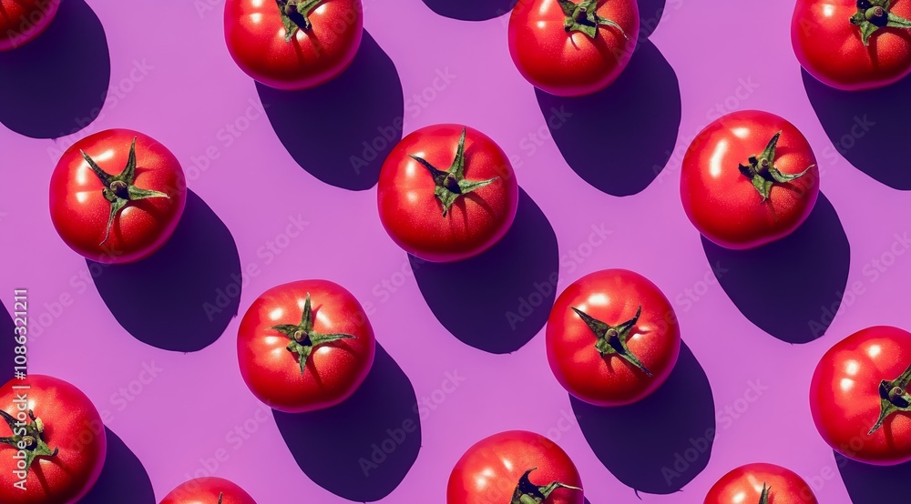Poster a repeating pattern of red tomatoes on a purple background, with shadows casting a diagonal line.