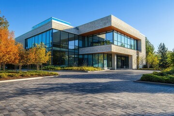 Modern office building with a large glass facade and a stone exterior.