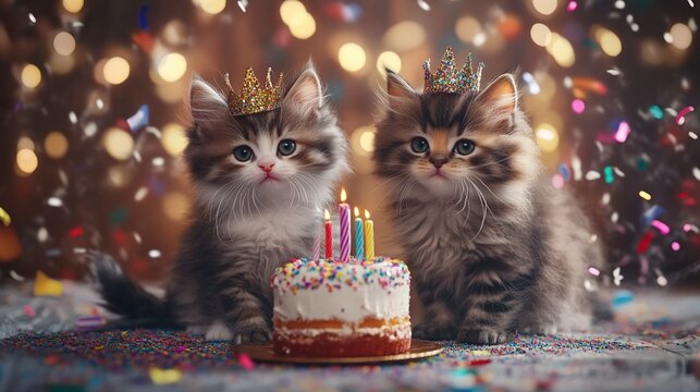 Two Adorable Kittens in Crowns Celebrate Birthday with Cake and Confetti - Powered by Adobe