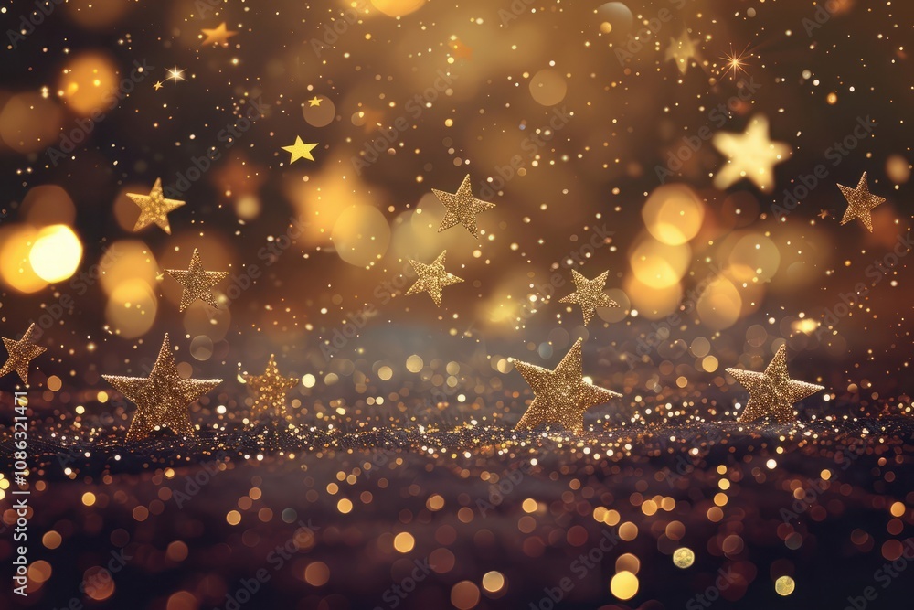 Poster abstract particle background with sparkling and shining gold stars falling to the floor