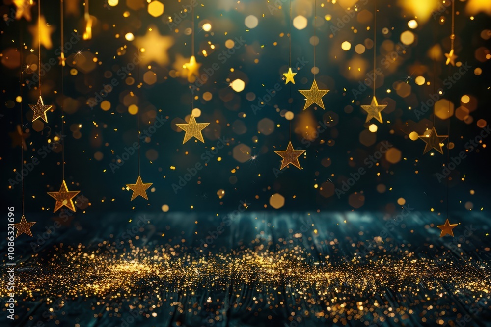 Poster abstract particle background with sparkling and shining gold stars falling to the floor