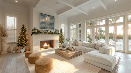 Fototapeta premium A beautifully decorated coastal living room featuring a warm fireplace, cozy seating, and beach-inspired decor for the Christmas season, creating a serene atmosphere.