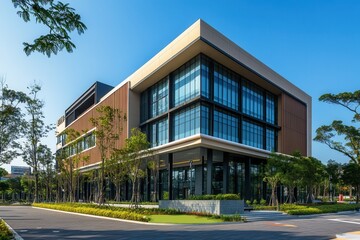 Modern office building with glass facade and landscaping. (1)