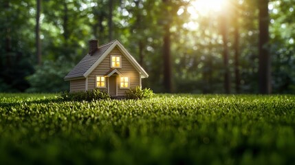 A quaint miniature house nestled in lush grass, illuminated from within, surrounded by a serene forest backdrop.