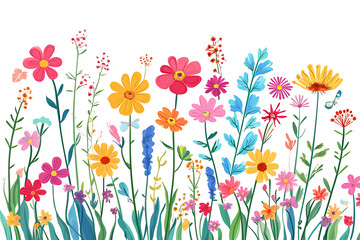 A vibrant illustration of various colorful flowers in a natural setting.