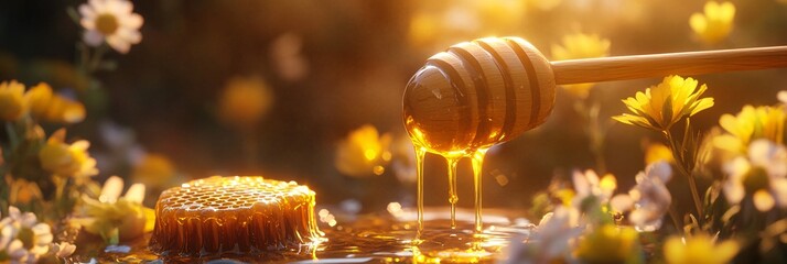 Golden honey dripping from a wooden dipper in a sunny floral garden setting. Copy space. © Ajay