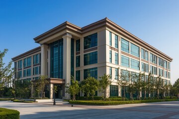 Modern office building with glass facade and landscaping. (12)