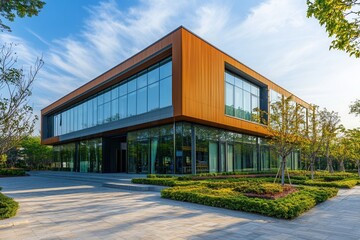 Modern office building with glass facade and landscaping. (13)