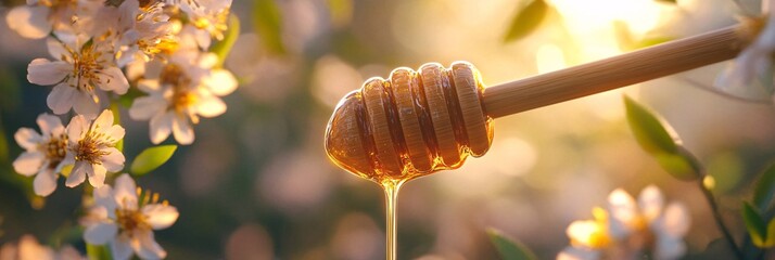 Golden honey dripping from a wooden dipper in a sunny floral garden setting. Copy space. © Ajay