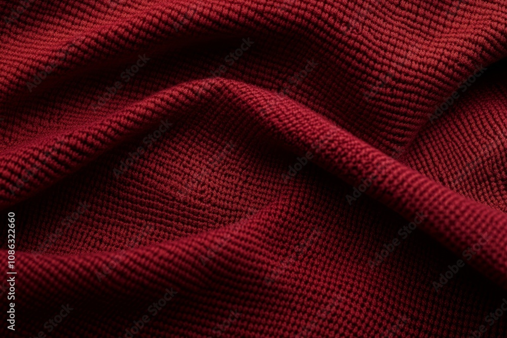 Poster close-up of a deep red textured fabric with soft folds and wrinkles.