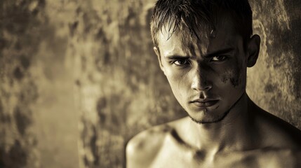 Obraz premium Portrait of a Young Homeless Man with a Serious Expression in Gritty Bangkok, Thailand