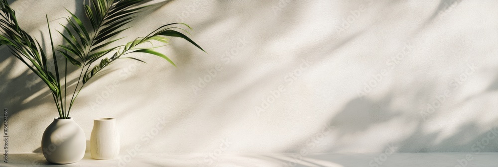 Poster greenery from potted plants complements the simple decor against a softly lit wall, creating a seren