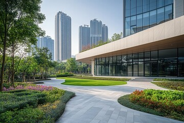 Fototapeta premium Modern office building with landscaped park.