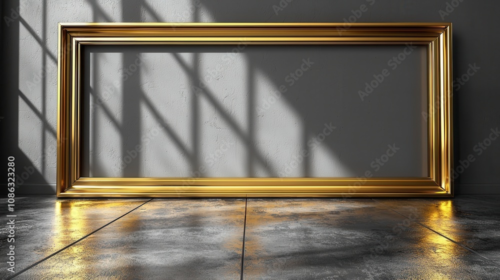 Poster elegant gold frame displaying shadows on smooth floor in modern interior with unique lighting and co