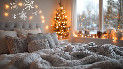 Christmas bedroom decor with a chic, silver-and-white color scheme, featuring fairy lights, cozy blankets, and snowflake decals on the windows