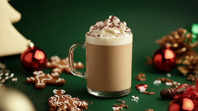 Christmas latte with whipped cream, gingerbread cookies and decorations resting on green background