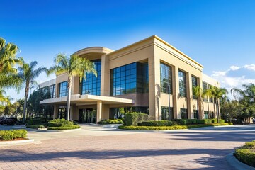 Modern office building with palm trees and landscaping.