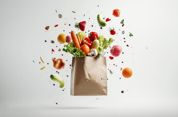 A brown paper bag with various fruits and vegetables bursting out of the top. © tolem929