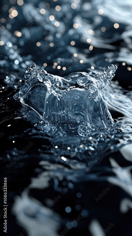 Poster close-up of water splash creating dynamic patterns and reflections.
