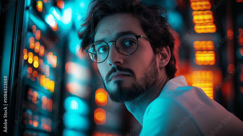 Poster it technician monitoring server rack in data center with neon lights