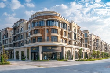 Modern retail and residential complex with shops and apartments.