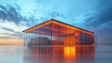 Fototapeta premium Modern architectural masterpiece with glass structure reflecting vibrant sunset hues over tranquil water, showcasing innovative design and contemporary aesthetics.