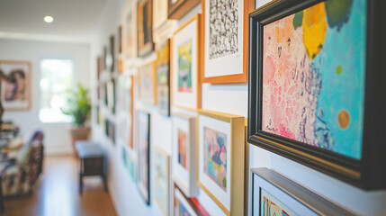 Art gallery wall with colorful framed paintings