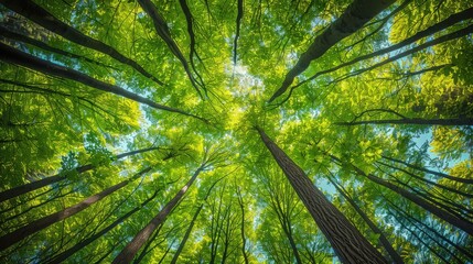 Lush green forest canopy under a clear blue sky