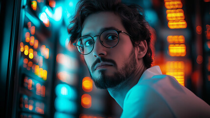 It technician monitoring server rack in data center with neon lights