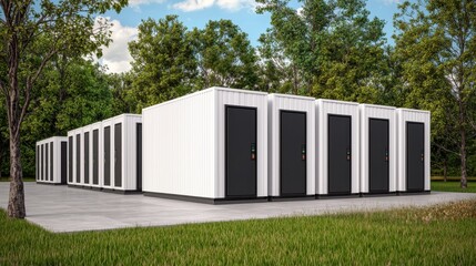 Fototapeta premium Modern Storage Units in a Green Landscape with Trees Offering Secure and Convenient Storage Solutions for Residential and Commercial Needs